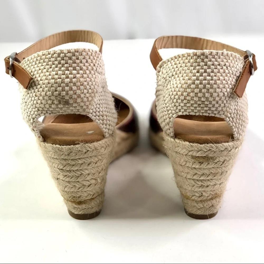 Maypol Anthropologie wedge espadrilles metallic red leather toe woven heel 39